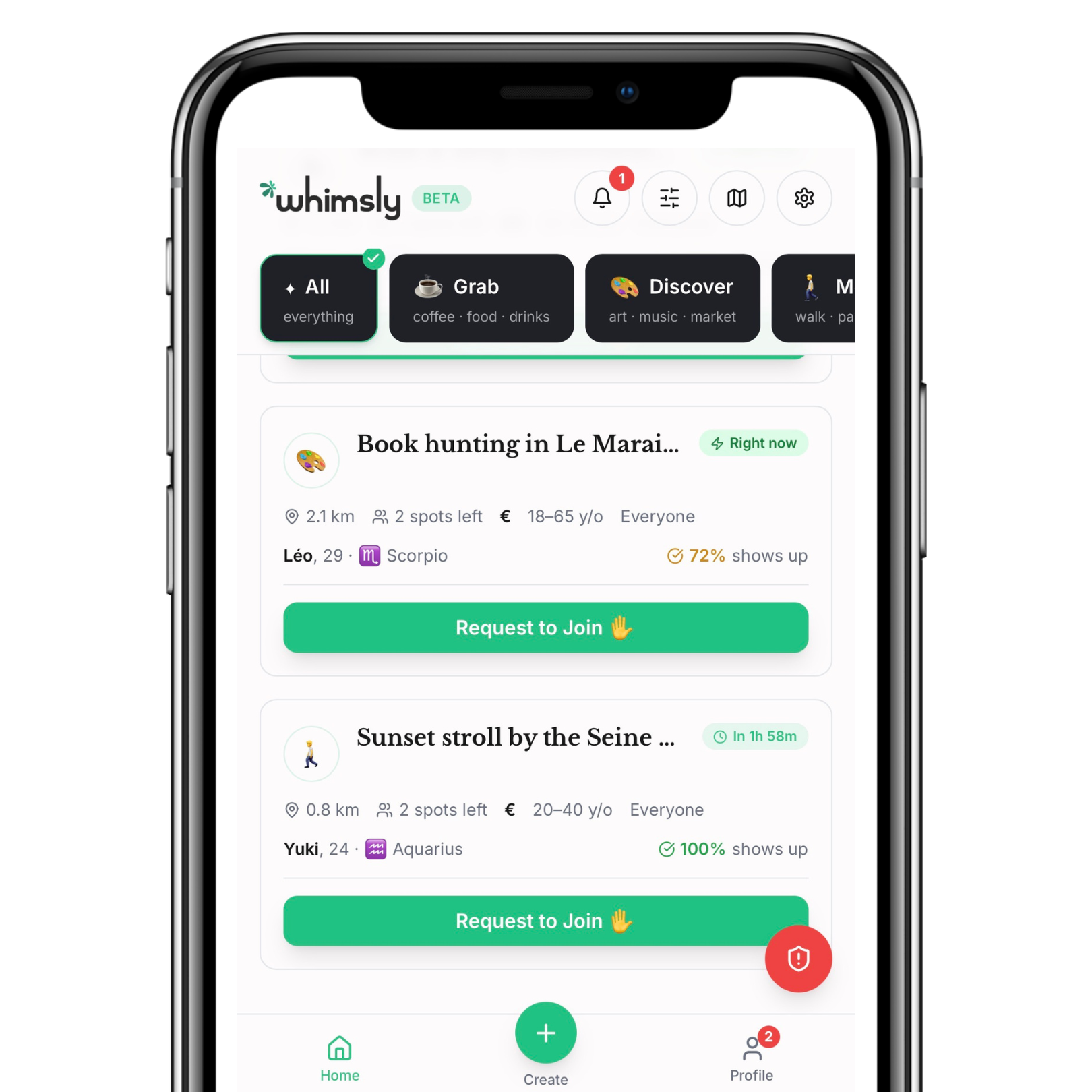 Whimsly app interface showing live whims in Paris