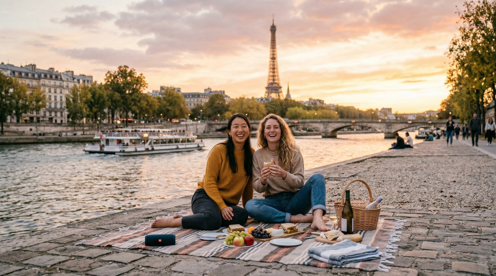 Friends sharing a spontaneous moment by the Seine in Paris