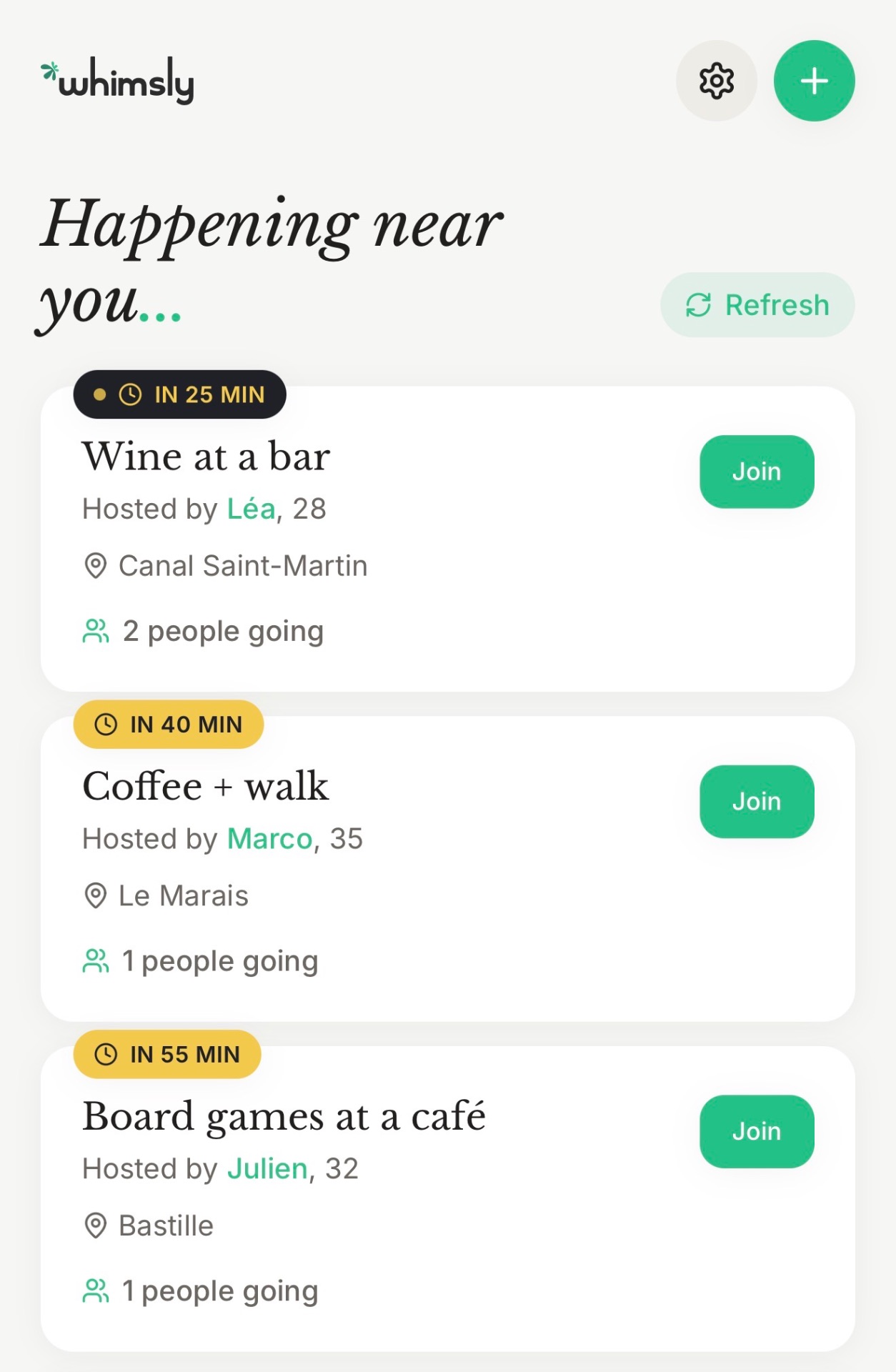 Whimsly app, Happening near you feed in Paris