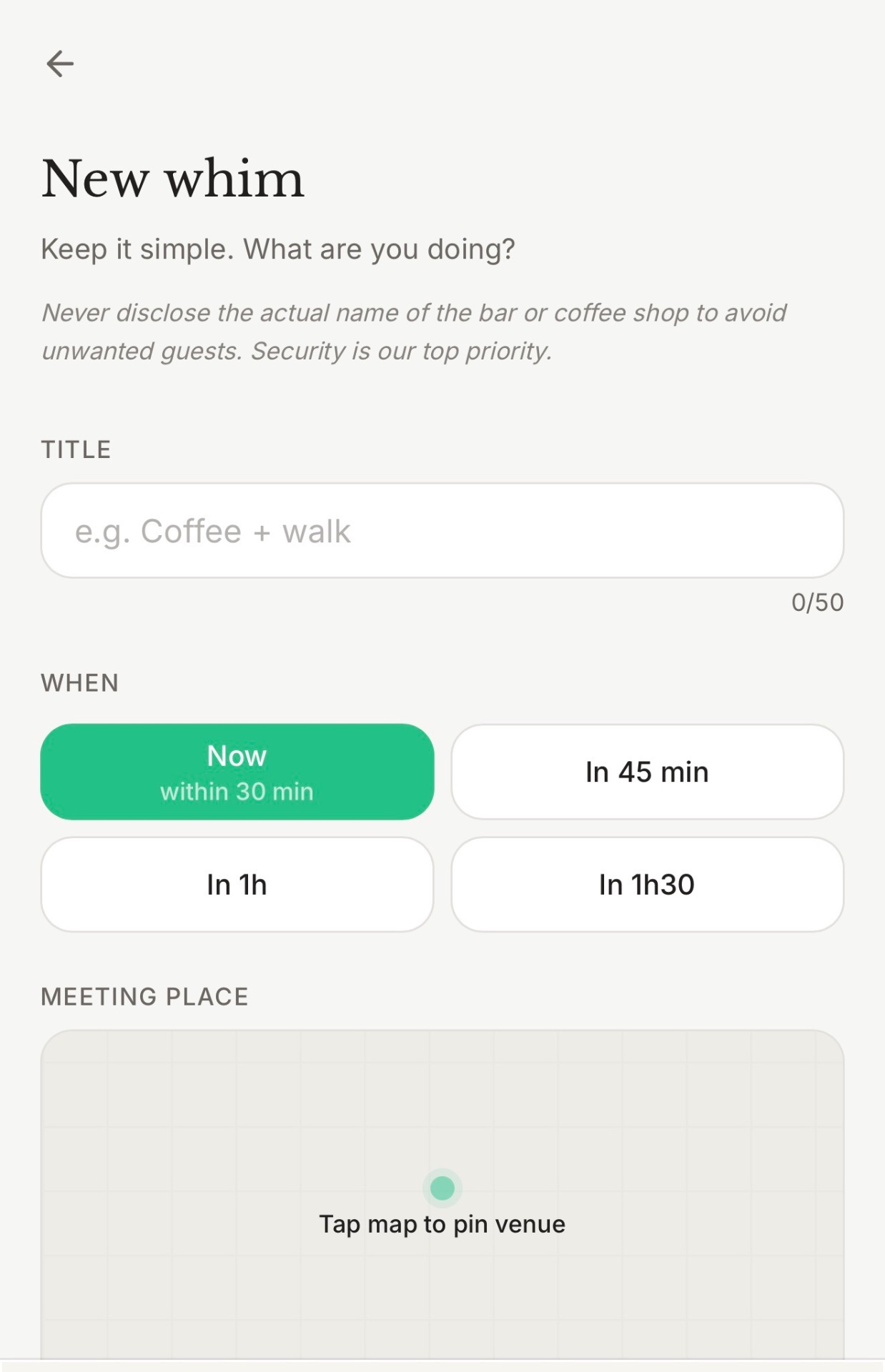 Whimsly app, create a New whim screen